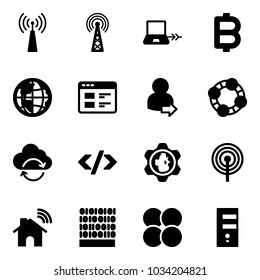 Solid vector icon set - antenna vector, notebook connect, bitcoin, globe, website, user login, friends, refresh cloud, tag code, gear, wireless home, binary, atom core, server