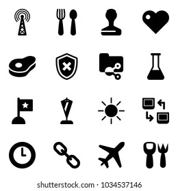 Solid vector icon set - antenna vector, spoon and fork, stamp, heart, meat, shield cross, shared folder, flask, flag, pennant, sun, data exchange, clock, link, plane, shovel toy