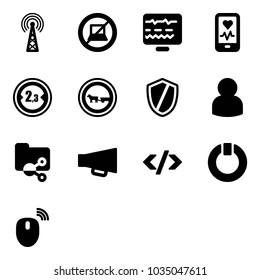 Solid vector icon set - antenna vector, no computer sign, diagnostic monitor, mobile heart, limited width road, cart horse, shield, user, shared folder, loudspeaker, tag code, standby