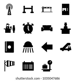 Solid vector icon set - antenna vector, vip zone, barrier, coffee machine, passport control, alarm clock, waiting area, recieptionist, shower, left arrow, trap truck, side wind, schedule