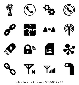 Solid vector icon set - antenna vector, phone, gear, horn, link, puzzle, information exchange, usb wi fi, wireless lock, sim, molecule, no signal, fine, allen key