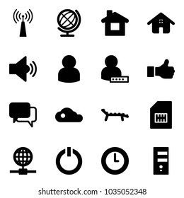 Solid vector icon set - antenna vector, globe, home, volume medium, user, password, like, dialog, cloud, lounger, sim, standby button, clock, server
