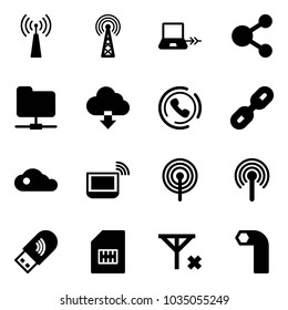Solid vector icon set - antenna vector, notebook connect, share, network folder, download cloud, phone horn, link, wi fi, usb, sim, no signal, allen key