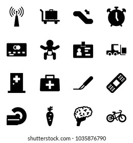 Solid vector icon set - antenna vector, baggage, escalator down, alarm clock, credit card, baby, identity, fork loader, first aid room, doctor bag, scalpel, medical patch, mri, carrot, brain, bike