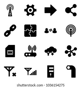 Solid vector icon set - antenna vector, gear, right arrow, share, link, puzzle, information exchange, sim, wi fi router, cloud data, molecule, no signal, fine, server, allen key