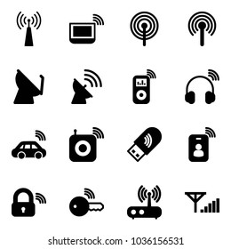 Solid vector icon set - antenna vector, notebook wi fi, satellite, music player, wireless headphones, car, speaker, usb, identity card, lock, key, router, fine signal