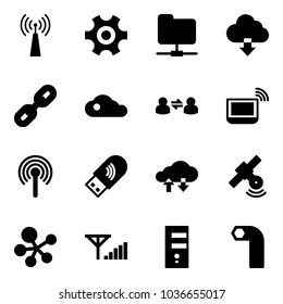 Solid vector icon set - antenna vector, gear, network folder, download cloud, link, information exchange, notebook wi fi, usb, data, satellite, molecule, fine signal, server, allen key