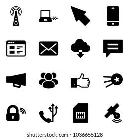 Solid vector icon set - antenna vector, notebook connect, cursor, phone, website, mail, download cloud, chat, loudspeaker, group, finger up, first satellite, wireless lock, sim