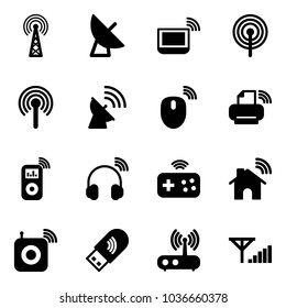 Solid vector icon set - antenna vector, satellite, notebook wi fi, mouse wireless, printer, music player, headphones, joystick, home, speaker, usb, router, fine signal