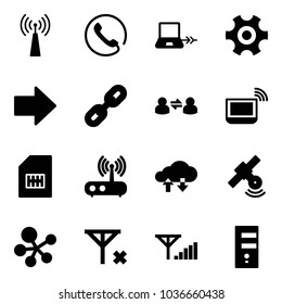 Solid vector icon set - antenna vector, phone, notebook connect, gear, right arrow, link, information exchange, wi fi, sim, router, cloud data, satellite, molecule, no signal, fine, server