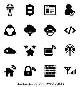 Solid vector icon set - antenna vector, bitcoin, website, user check, social, upload cloud, refresh, tag code, stars, notebook wi fi, wireless home, lock, binary, fine signal