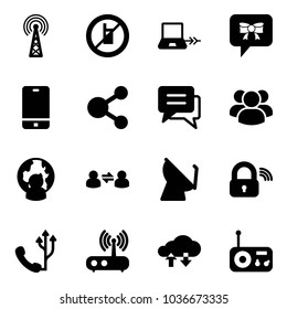 Solid vector icon set - antenna vector, no mobile sign, notebook connect, bow message, phone, share, chat, group, man globe, information exchange, satellite, wireless lock, wi fi router, cloud data