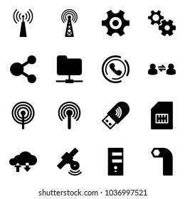 Solid vector icon set - antenna vector, gear, share, network folder, phone horn, information exchange, usb wi fi, sim, cloud data, satellite, server, allen key