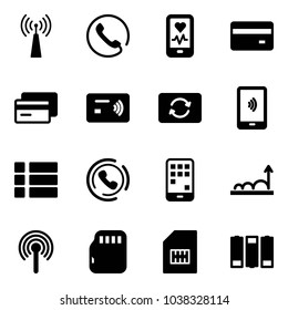 Solid vector icon set - antenna vector, phone, mobile heart monitor, credit card, tap pay, exchange, payment, menu, horn, growth, micro flash, sim, battery