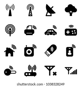 Solid vector icon set - antenna vector, satellite, upload cloud, printer wireless, car, joystick, home, speaker, usb wi fi, identity card, key, router, no signal, fine