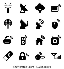 Solid vector icon set - antenna vector, satellite, upload cloud, notebook wi fi, mouse wireless, printer, music player, home, speaker, usb, lock, key, fine signal