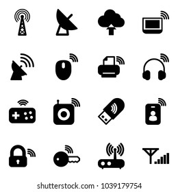 Solid vector icon set - antenna vector, satellite, upload cloud, notebook wi fi, mouse wireless, printer, headphones, joystick, speaker, usb, identity card, lock, key, router, fine signal
