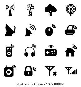 Solid vector icon set - antenna vector, upload cloud, satellite, mouse wireless, printer, music player, headphones, joystick, home, speaker, lock, no signal, fine