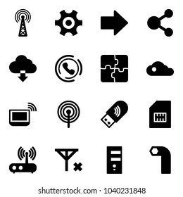 Solid vector icon set - antenna vector, gear, right arrow, share, download cloud, phone horn, puzzle, notebook wi fi, usb, sim, router, no signal, server, allen key