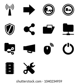 Solid vector icon set - antenna vector, right arrow, no trailer road sign, truck overtake, shield, share, folder, network, shared, loudspeaker, mouse wireless, standby button, chip
