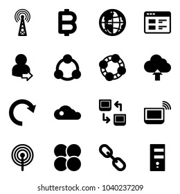 Solid vector icon set - antenna vector, bitcoin, globe, website, user login, social, friends, upload cloud, redo, data exchange, notebook wi fi, atom core, link, server