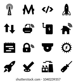 Solid vector icon set - antenna vector, monero, tag code, rocket, up down arrows, printer wireless, power bank, home, terms plan, lock, surveillance camera, sun, check, plant, screwdriver