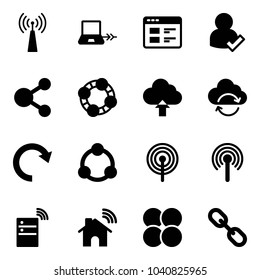 Solid vector icon set - antenna vector, notebook connect, website, user check, share, friends, upload cloud, refresh, redo, community, server wireless, home, atom core, link