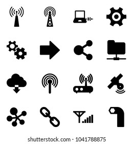 Solid vector icon set - antenna vector, notebook connect, gear, right arrow, share, network folder, download cloud, wi fi router, satellite, molecule, link, fine signal, allen key