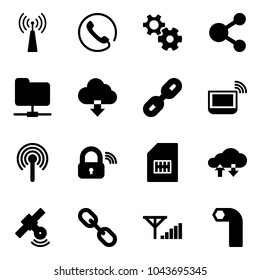 Solid vector icon set - antenna vector, phone, gear, share, network folder, download cloud, link, notebook wi fi, wireless lock, sim, exchange data, satellite, fine signal, allen key