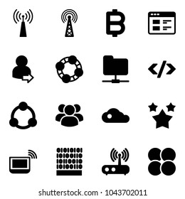 Solid vector icon set - antenna vector, bitcoin, website, user login, friends, network folder, tag code, community, group, cloud, stars, notebook wi fi, binary, router, atom core
