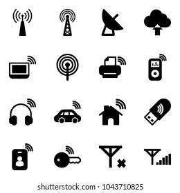 Solid vector icon set - antenna vector, satellite, upload cloud, notebook wi fi, printer wireless, music player, headphones, car, home, usb, identity card, key, no signal, fine