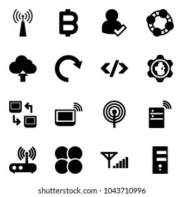 Solid vector icon set - antenna vector, bitcoin, user check, friends, upload cloud, redo, tag code, gear globe, data exchange, notebook wi fi, server wireless, router, atom core, fine signal