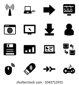 Solid vector icon set - antenna vector, notebook connect, right arrow, diagnostic monitor, browser globe, cursor, download, user, save, statistics, data exchange, mouse wireless, usb wi fi, gamepad