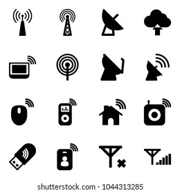 Solid vector icon set - antenna vector, satellite, upload cloud, notebook wi fi, mouse wireless, music player, home, speaker, usb, identity card, no signal, fine