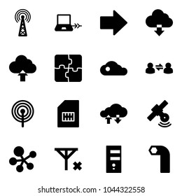 Solid vector icon set - antenna vector, notebook connect, right arrow, download cloud, upload, puzzle, information exchange, sim, data, satellite, molecule, no signal, server, allen key