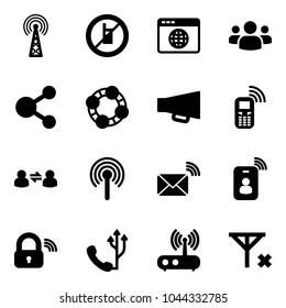 Solid vector icon set - antenna vector, no mobile sign, browser globe, group, share, friends, loudspeaker, phone, information exchange, wireless mail, identity card, lock, wi fi router, signal