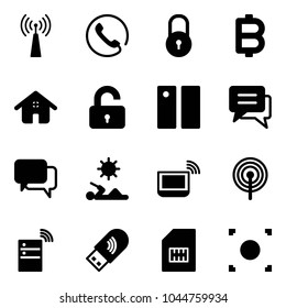 Solid vector icon set - antenna vector, phone, lock, bitcoin, home, unlocked, pause, chat, dialog, reading, notebook wi fi, server wireless, usb, sim, record button