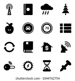 Solid vector icon set - antenna vector, passport, storm, christmas tree, apple, no car road sign, speed limit 70, menu, refresh, book, home dollar, satellite, wireless key, sun power, sand clock