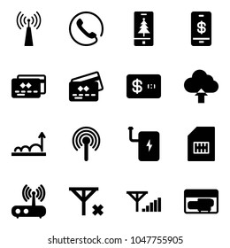 Solid vector icon set - antenna vector, phone, christmas mobile, payment, credit card, upload cloud, growth, power bank, sim, wi fi router, no signal, fine, generator