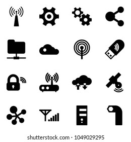 Solid vector icon set - antenna vector, gear, share, network folder, cloud, usb wi fi, wireless lock, router, exchange data, satellite, molecule, fine signal, server, allen key