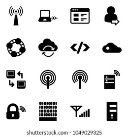 Solid vector icon set - antenna vector, notebook connect, website, user login, friends, refresh cloud, tag code, data exchange, server wireless, lock, binary, fine signal