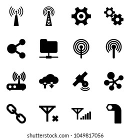 Solid vector icon set - antenna vector, gear, share, network folder, wi fi router, cloud exchange data, satellite, molecule, link, no signal, fine, allen key