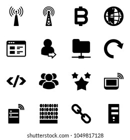 Solid vector icon set - antenna vector, bitcoin, globe, website, user login, network folder, redo, tag code, group, stars, notebook wi fi, server wireless, binary, link