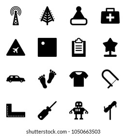 Solid vector icon set - antenna vector, christmas tree, hat, doctor bag, airport road sign, clipboard, limousine, feet, t shirt, fretsaw, corner ruler, screwdriver, robot, toy windmill