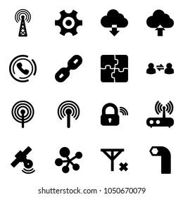 Solid vector icon set - antenna vector, gear, download cloud, upload, phone horn, link, puzzle, information exchange, wireless lock, wi fi router, satellite, molecule, no signal, allen key