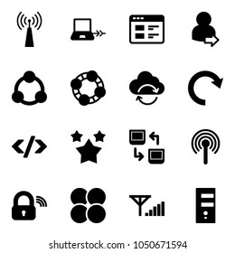 Solid vector icon set - antenna vector, notebook connect, website, user login, social, friends, refresh cloud, redo, tag code, stars, data exchange, wireless lock, atom core, fine signal, server