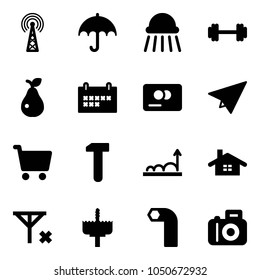 Solid vector icon set - antenna vector, insurance, shower, barbell, pear, schedule, credit card, paper plane, cart, work, growth, home, no signal, crown drill, allen key, camera