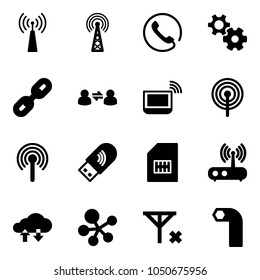 Solid vector icon set - antenna vector, phone, gear, link, information exchange, notebook wi fi, usb, sim, router, cloud data, molecule, no signal, allen key