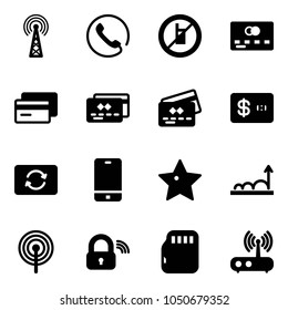 Solid vector icon set - antenna vector, phone, no mobile sign, credit card, exchange, star, growth, wireless lock, micro flash, wi fi router