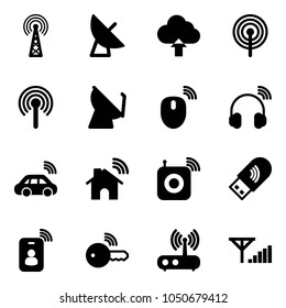 Solid vector icon set - antenna vector, satellite, upload cloud, mouse wireless, headphones, car, home, speaker, usb wi fi, identity card, key, router, fine signal
